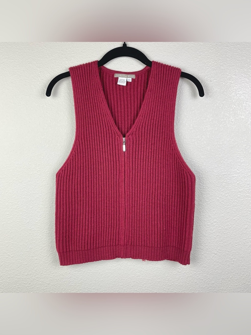 Isabella Bird Women's XS 100% Wool Red Ribbed Knit Zip Front Tank Vest V-Neck